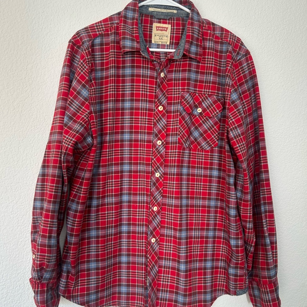 Levi's Red and Gray Plaid Button-Down Shirt for Men
